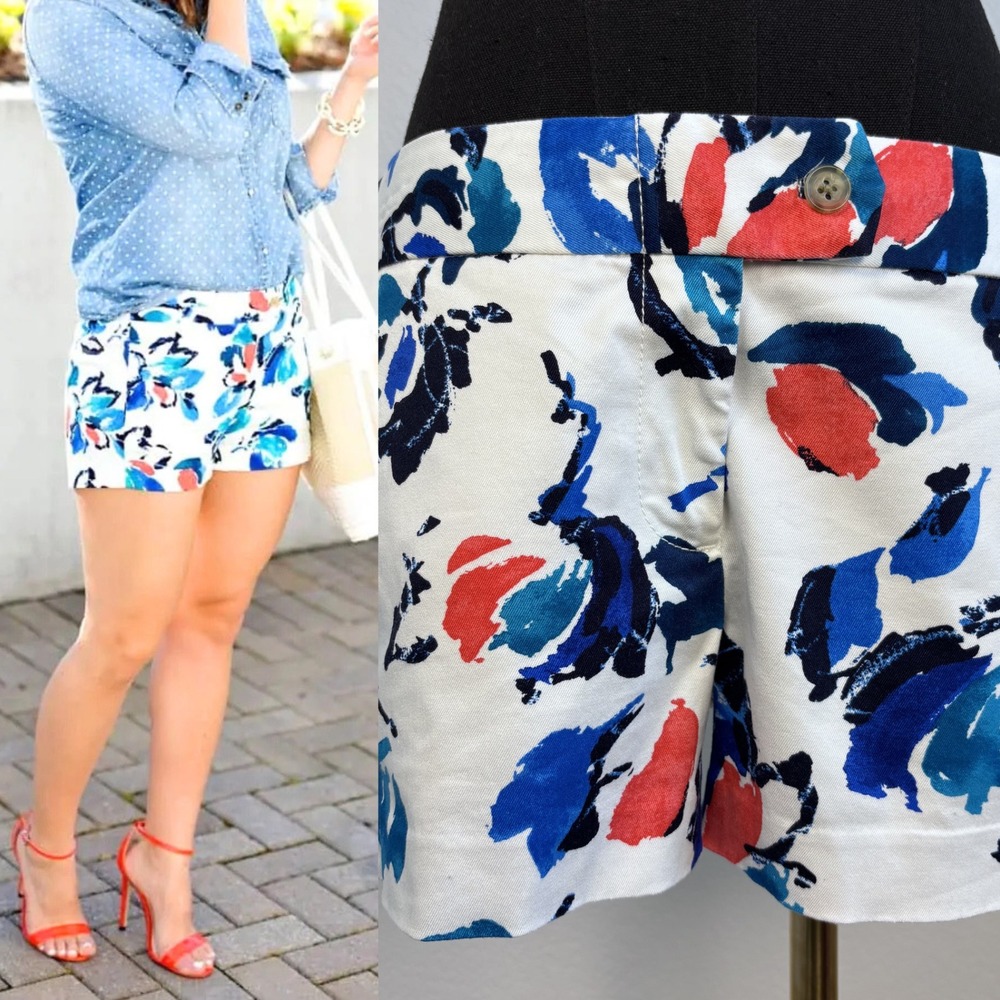 J.Crew City Fit Stretch Chino Shorts, Floral Size 4 | Watercolor Red Blue Preppy